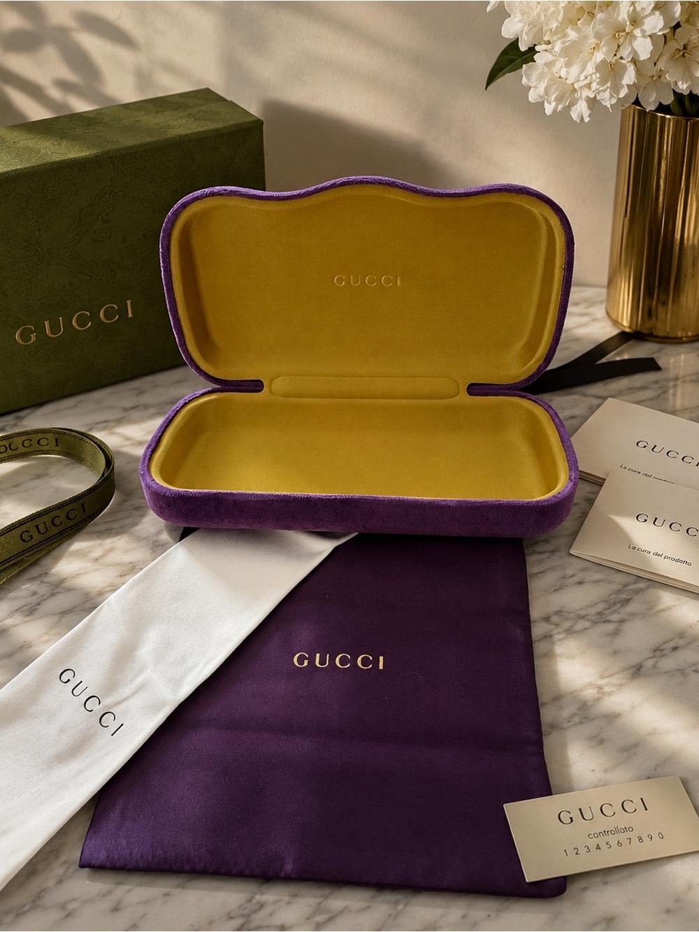 Gucci Purple Velvet Sunglasses Case with Yellow Interior and Dust Bag